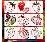 FINGERINSPIRE 9 stencil A Forma di Fragola 15×15cm con Pennello Riutilizzabile con Disegni di Frutta e Fiori In PET Stencil A Tema Fragola per Decorazioni Fai Da Te su Tessuto Pareti Legno e Mobili