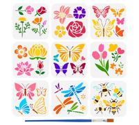 FINGERINSPIRE 9 stencil da pittura con fiori e pennelli, 15 x 15 cm, farfalle, api, libellule, modello da disegno, rose, gigli, tulipani, fai da te, per dipingere su pareti in legno, tessuti e mobili