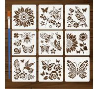 FINGERINSPIRE 9 stencil per fiori e farfalle con un pennello, 30 x 30 cm, stencil per fiori, bellissimo giorno, ape stencil, tema, natura riutilizzabile, per decorare la casa, fai da te, pareti