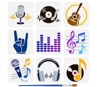 FINGERINSPIRE 9Pz Stencil con Motivi Musicali e Pennello 15x15cm Stencil per Pittura con Note Stencils per Disegno di Dischi Stencils per Chitarre In Plastica Spectra Modello per Decorazione Murale