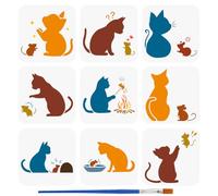 FINGERINSPIRE 9Pz Stencil di Gatto e Topo per Dipingere con Pennello 15x15cm Riutilizzabile Modello di Silhouette di Gatto e Topo Modello di Fuoco a Stella Cava Modello di Plastica per Decorazione