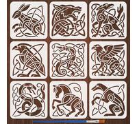 FINGERINSPIRE 9Pz Stencil in Plastica per Pittura con Animali con Nodi Celtici e Pennello, 20x20cm Modelli di Disegno Stencil Decorativi Fai da Te con Animali Astratti per Artigianato Fai da Te