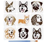 FINGERINSPIRE 9Pz Stencil per Cani con 1 Pennelli in Plastica 20x20cm Modelli per Disegno di Cani Da Compagnia 9 Stili Decorazioni per Cani e Animali Stencil per Pittura su Legno, Tessuto, Parete