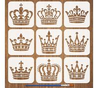 FINGERINSPIRE 9Pz Stencil per Pittura A Corona con Pennello Stencil per Regine e Principesse 15x15cm Riutilizzabili Modello Corona da Re Stencils In Plastica per Dipingere su Legno Pareti Tessuti