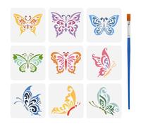 FINGERINSPIRE 9Pz Stencil per Pittura A Farfalla con Pennello, 15x15cm Modello per Disegno di Farfalle Volanti Tema Animali Stencils Fai Da Te per Pittura su Legno, Pareti, Tessuti e Mobili