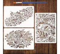 FINGERINSPIRE Confezione da 3 stencil a forma di pesce con pennello, 29,7 x | Modelli di disegno cavità di creatura marina stencil riutilizzabili PET fai da te arte mestiere stencil per legno tela parete