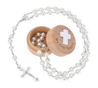 FINGERINSPIRE Il Mio Primo Rosario con Scatola Ricordo Rotonda in Legno, 73cm Rosario Bianco per la Prima Comunione Set Regalo Cattolico per Donne e Uomini Viaggio Abbigliamento Quotidiano Baby Shower