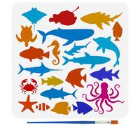 FINGERINSPIRE Modello da colorare con sagome di animali marini e pennello, 30 x 30 cm, modello di squalo da colorare con animali marini, motivo delfini, stencil riutilizzabile per fai da te