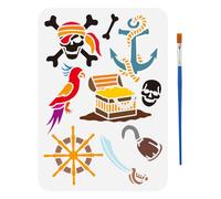 FINGERINSPIRE Pirate Adventure modello di pittura con pennello 29,7 x 21 cm modello tesoro petto teschio pittura stencil pappagallo stencil riutilizzabile fai da te arte mestiere stencil tema pirata