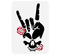 FINGERINSPIRE Rock 'N' Roll - Stencil da colorare con teschio, 29,7 x 21 cm, motivo: gesti rock, corna del diavolo, osso di teschio, rose da dipingere su pareti di legno