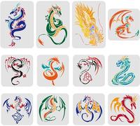 FINGERINSPIRE Set di 12 stencil a tema “drago”, stencil per pittura e disegno, in plastica, set di modelli con draghi volanti, per pittura su legno, pavimento, parete e piastrelle