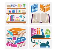 FINGERINSPIRE Set di 4 stencil per librerie da 15 x 15 cm, per lavori quotidiani a tema, per dipingere su pareti, legno, decorare ufficio, studio, biblioteca