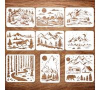 FINGERINSPIRE Set di 9 stencil per pittura paesaggistica, grandi 21 x 29,7 cm e 30 x 30 cm, montagne, boschi, lupi, cavalli, case, auto, orsi, temi della natura umana, per fai da te in legno e