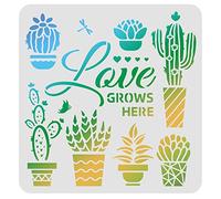 FINGERINSPIRE Stencil 30 x 30 cm con scritta “Love grows here”, fiori e cactus in vaso, riutilizzabili, per dipingere su legno, pavimento, parete, carta e tessuto
