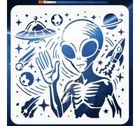 FINGERINSPIRE Stencil Alieno con Pennello, 30x30cm Stencil per Dipingere Pianeti dell'Universo Alieno Stencils per Salutare Gli Alieni, Modelli di Disegno Riutilizzabili in PET per Dipingere su Pareti