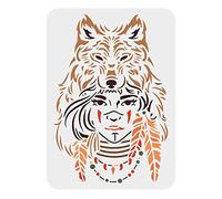 FINGERINSPIRE Stencil da parete con testa di lupo 29,7x21cm riutilizzabile con testa di lupo e piume, stencil da parete, per dipingere su piastrelle in tessuto, pavimento