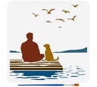 FINGERINSPIRE Stencil di Persone e Cani con pennello di Plastica 30x30cm Stencils di Paesaggio Costiero Stencil di Uccelli in Volo per Fai da Te Decorazione da Parete per la Casa
