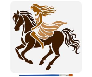 FINGERINSPIRE Stencil "La Fanciulla e Il Bel Cavallo" con 1 pennello di Plastica 30x30cm Motivo "Donna A Cavallo" Disegno A Stencil Tema Umano Modello per Dipingere su Pareti, Mobili In Legno