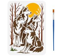 FINGERINSPIRE Stencil per Branco di Lupi con Pennello 29.7x21cm Stencil per Pittura di Alberi Foreste e Luna Motivo con Lupi Modello per Decorazione A Tema Animale per Pareti in Legno Pavimenti