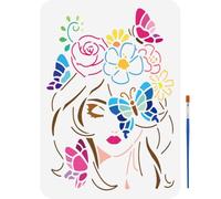 FINGERINSPIRE Stencil per Pittura A Farfalla 21x29.7cm Stencil per Fiori e Donna con 1 pennelli In Plastica Moo di Stencil per Pittura A Farfalla Rosa e Donna per Dipingere su Pareti
