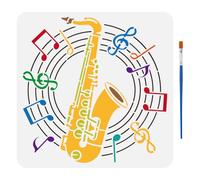 FINGERINSPIRE Stencil per Pittura a Tema Musicale con Pennello, 30x30cm Stencil con Note Musicali Motivo Sassofono Stencils in Plastica Fai da Te per Dipingere su Mobili da Parete in Legno