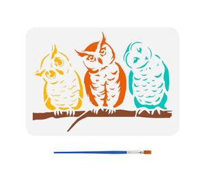 FINGERINSPIRE Stencil per Pittura con Motivi di Gufi Da 21x29.7cm 3 gufi con Teste Inclinate Moo con Pennello Gufi In Piedi su Un Ramo di Albero Stencil con Uccelli e Gufi Moo A Tema Animale