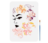 FINGERINSPIRE Stencil per pittura damascata con pennello artistico 21 x 29,7 cm riutilizzabile bellezza ragazza viso disegno modello ragazza con decorazione floreale stencil per dipingere su legno
