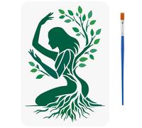 FINGERINSPIRE Stencil per Pittura Raffigurante Una Donna Sull'Albero con Pennello, 29.7x21cm Stencil con Albero della Vita, Rami, Foglie, Modello di Disegno di Donna per Pareti in Legno, Artigianato