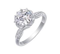 Fingerring Damen Breit, Damenring Modern Eleganter Ring mit Krone und Rundem Moissanit 2 Karat Silber 18K Weißgold Größe 65 (20.7)