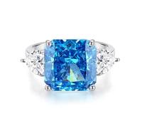 Fingerring Damen Breit, Freundschaftsringe Dünn mit 12 X 12 mm Quadratischem, Im Labor Hergestelltem Blauem Saphir und Herz-Moissanit Silber 18K Weißgold Größe 61 (19.4)