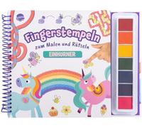 Fingerstempeln zum Malen und Rätseln. Einhörner: Stempelset für Kinder ab 5 Jahren mit 7 Stempelfarben und Mal- und Rätselheft. Beschäftigung