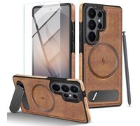 Fingic Custodia magnetica per Samsung Galaxy S26 Ultra, compatibile con MagSafe, pellicola protettiva integrata in pelle sottile e supporto invisibile, antiscivolo, antiurto, per uomo, marrone