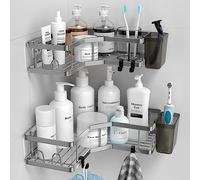 Finibo, Confezione da 2 mensole da bagno angolari, autoadesive, senza perforazione, in acciaio inossidabile, con 4 ganci e 2 portaspazzolini, per bagno e doccia, colore nero