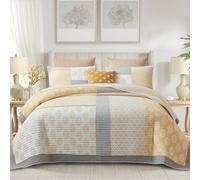 Finlonte Set copripiumino king size, 100% cotone, leggero, per letto king size, con patchwork reale, copriletto trapuntato floreale, giallo, grigio, bianco, reversibile, morbido, per tutte le