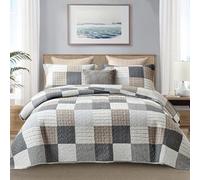 Finlonte Trapunta King Size - 100% cotone scozzese king size set di biancheria da letto trapuntato reversibile leggero, grigio marrone bianco trapuntato per tutte le stagioni, 3 pezzi