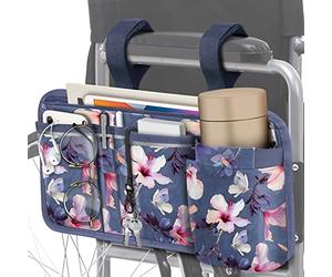 FINPAC Borsa per Sedia a Rotelle con Portapenne, Universale Pieghevole Walker Custodia con Strisce Riflettentiper, Multi-Tasche Braccioli Organizer per Deambulatori Rollator, (Z-Blooming Hibiscus)