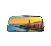 FInpan Sunset in Barcellona vera pelle Zip Pen Pouch, Cancelleria Storage Bag Makeup Bag, Adatto per Studenti Scuola Ufficio., Oro, Taglia unica, Beauty case
