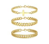 Finrezio 3 Pz Mens Bracciale Argento/Oro Braccialetto Chain Uomo Figaro Croce Bracciale Acciaio Chain Link Braccialetto Mens Gioielli Regali per papà Ragazzi Teen con Confezione Regalo