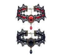 Finrezio Collana e Orecchini in Pizzo Nero per Donna - Gothic Red Pendant Choker e Maschera in Pizzo - Set Gioielli per Halloween Cosplay