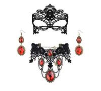 Finrezio Halloween Collana Orecchini in Pizzo Nero per Donna Gothic Red Pendant Choker Maschera in Pizzo Orecchini Dangle Set Gioielli Halloween per Costume Halloween Cosplay