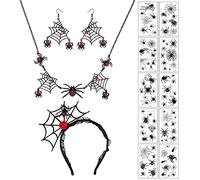 Finrezio Halloween Gioielli Collana Ragno Orecchini Set per Donna Ragnatela Tatuaggi Temporanei Capelli Hoop Nero Ragnatela Ciondolo Choker Regolabile per Festa Costume Halloween