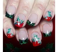 Finte Nails Con Temi Di Natale 24 Pcs Abs Costruire Francese Glitter Foglia Verde Design Facile Da Applicare Per Le Donne Partito Unghie Arte Holiday Press Su Unghie Con Fiocchi Di Neve
