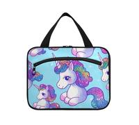 Finti Glitter Cartoon Unicorni Blu Appeso Viaggio Cosmetici Borse con gancio, Designer Compact Makeup Cosmetic Bag per Viaggio Essentials Hotel maletín para maquillaje L