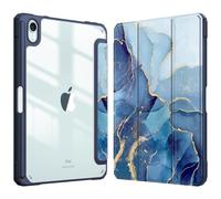 Fintie, Custodia ibrida sottile per iPad Mini 7 (A17 Pro, 7ª gen) 2024, iPad Mini 6 (6ª gen) da 8,3”, supporto per Pencil integrato, antiurto, guscio posteriore trasparente, blu marino effetto marmo