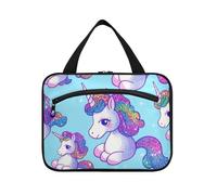Finto Glitter Cartoon Unicorni Blu Hanging Borse per Viaggio Donne con gancio, Designer Essenziale Kit di Rasatura Borse per gli Uomini per Viaggio Must Haves Vacation estuche de maquillaje para