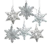 Fiocchi di neve in metallo da appendere, set 6 pezzi: decorazioni natalizie albero, addobbi natale argento, pendenti eleganti per regali, ghirlande e casa invernale, 8 cm