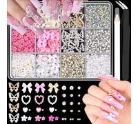 Fiocchi per Unghie 3D, Charm Unghie Fiocco Cuore d'amore Fiore Ciondoli per Unghie con Perle,Pietre preziose per unghie,Diamanti con strumenti per manicure