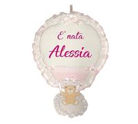 Fiocco Nascita Bimba Personalizzato Con Nome Mongolfiera Coccarda Nascita Orsacchiotto E' Nata Tela Aida (Rosa)