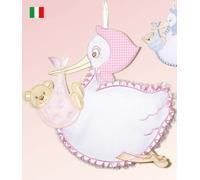 FIOCCO NASCITA COCCARDA FUORI PORTA RICAMARE PUNTO CROCE CICOGNA ROSA