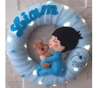 Fiocco nascita coccarda ghirlanda personalizzato con il nome del bimbo azzurro